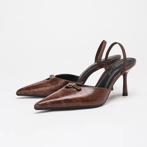 Salones Destalonados Stiletto Vintage de Cuero Charol Estilo Maillard Textura de Grieta Punta Afilada Con Hebilla de Metal para Mujer Zapatos de Vestir Oficina