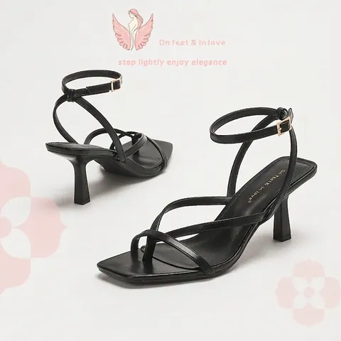 Summer New Women High Heel Thong Sandals Square Toe Thin Straps Minimalist PU Leather Stiletto Sandals Daily Vacation Dress Shoes