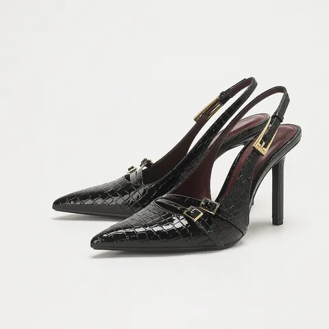 Tacones Altos Slingback de Punta Estrecha Vintage para Mujer Cuero Charol Patrón de Cocodrilo Tacones de Aguja Con Hebilla de Metal Zapatos de Oficina
