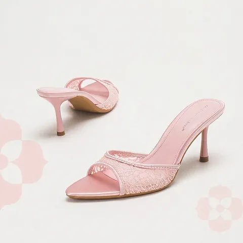 Women Pointed Toe High Heel Mules Elegant Lace Mesh Patent Leather Sandals Stiletto Heels Summer Slip On Shoes For Commuting Dating