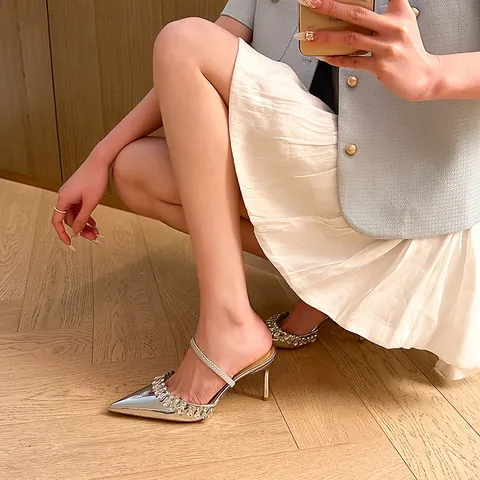 Women Elegant Pointed Toe Slingback High Heeled Sandals Mirror Silver Rhinestone Strappy Stiletto Pumps Banquet Wedding Party Shoes