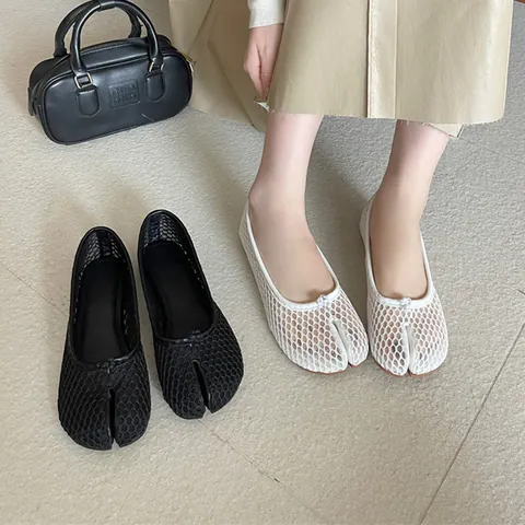 Women Tabi Mesh Mary Jane Flats Breathable Hollow Out Mesh Split Toe Shoes Rhinestone Embellished Ballet Flats Slip On Shoes