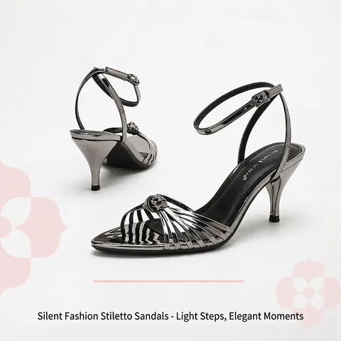 Women Pointed Toe Stiletto Sandals Mirror Metallic Finish Ankle Strap High Heels Elegant Party Banquet Office Dress Shoes