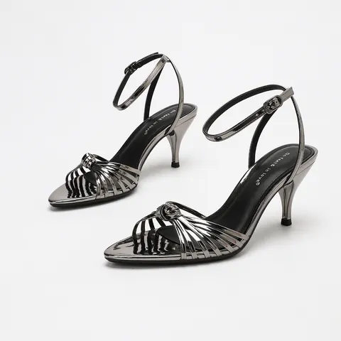 Women Pointed Toe Stiletto Sandals Mirror Metallic Finish Ankle Strap High Heels Elegant Party Banquet Office Dress Shoes