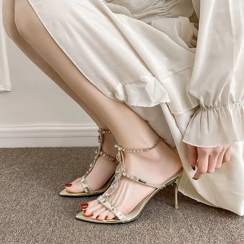 Women Elegant Metallic Rhinestone High Heel Sandals Pointed Toe Stiletto Sexy Nightclub Party Dress Shoes For Wedding