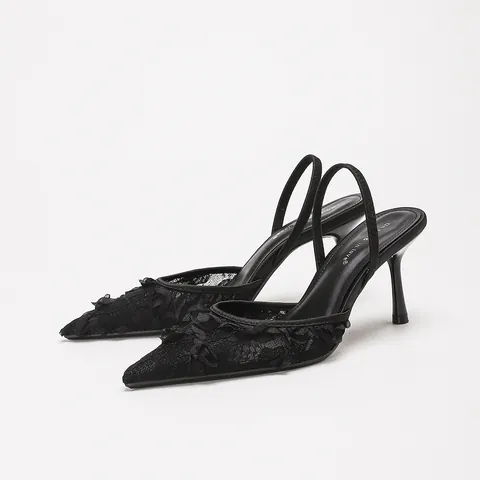 French Style Lace High Heel Sandals For Women Pointed Toe Stiletto Slingback Shoes With 3D Rose Flower Embroidery Summer Party Sandals