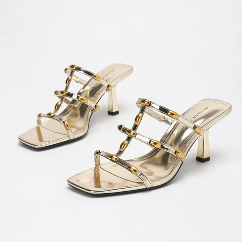 Women Fashion Metal Studs Mirror Finish Square Toe Stiletto Heel Mules Elegant Light Luxury Slide Sandals For Party Vacation