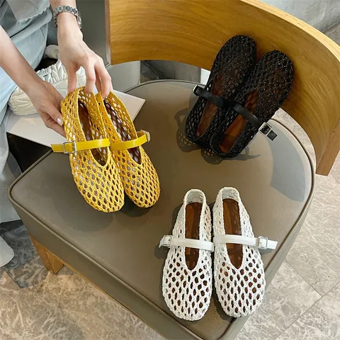 Women Woven Mary Jane Flats Breathable Hollow Out Square Toe T-Strap Low Heel PU Casual Dress Shoes
