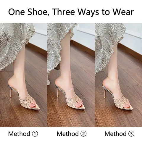 Women's Pointed Toe Stiletto High Heel Mules Elegant Lace Satin Slip-On Sandals Summer Fashion Dress Shoes