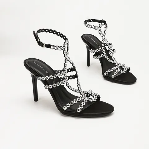 Women's Stiletto High Heel Sandals Rhinestone T-Strap Dress Shoes Satin Patent Leather Sandals For Party Wedding