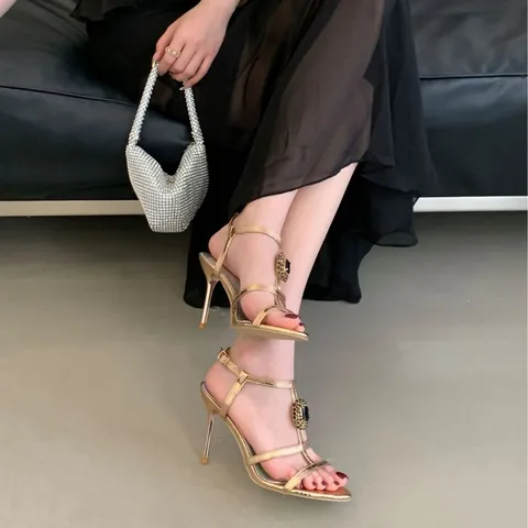 Sandalias de Tacón de Aguja para Mujer 2025 Verano Vintage Gemas Rhinestone Correa Tobillo Sandalias Champaña Negro Zapatos de Boda Fiesta