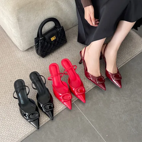 Women Pointed Toe Stiletto Pumps Patent Leather Square Buckle Slingback High Heels European Fashion Elegant Office Dress Shoes