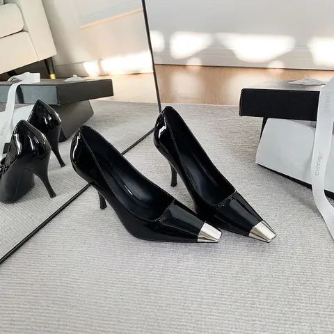 Elegant French Style Women Stiletto High Heels Patent Leather Pointed Toe With Metal Cap Sexy Banquet Dress Single Shoes