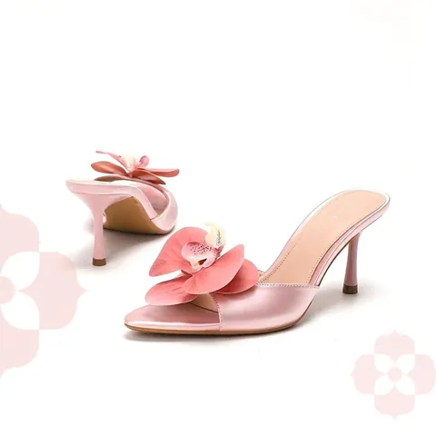 Women Elegant Satin High Heel Mules With 3D Floral Decoration Pointed Open Toe Stiletto Sandals For Banquet Vacation