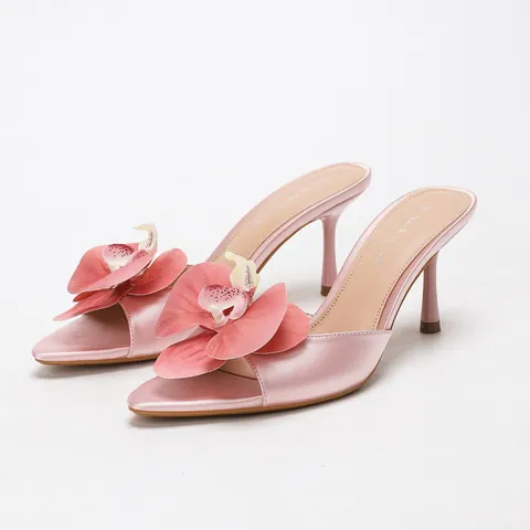 Women Elegant Satin High Heel Mules With 3D Floral Decoration Pointed Open Toe Stiletto Sandals For Banquet Vacation