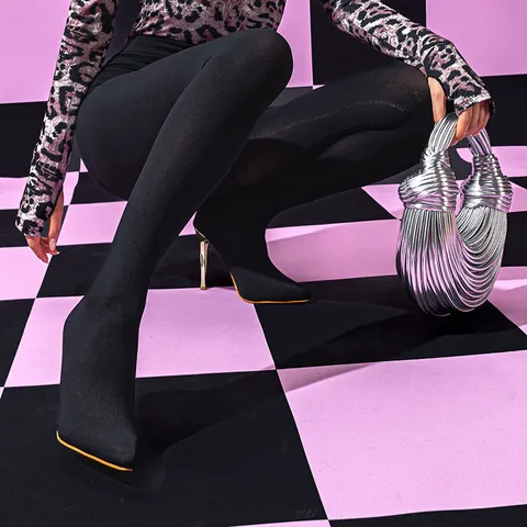 Stivali Pantacollant Sexy da Donna con Punta Acuminata e Tacco a Spillo Neri Microfibra Sopra il Ginocchio Tacchi Alti Pantashoes per Festa