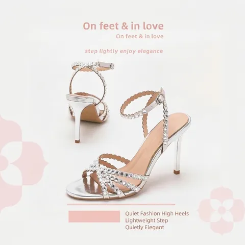 Rhinestone Stiletto Heels Patent Leather One Strap Sandals For Women Party Wedding Mirror Finish Banquet High Heel Shoes