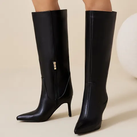 Botas hasta la Rodilla con Punta Puntiaguda y Tacón de Aguja para Mujer Moda Piel de Serpiente Cremallera Lateral Botas de Tacón