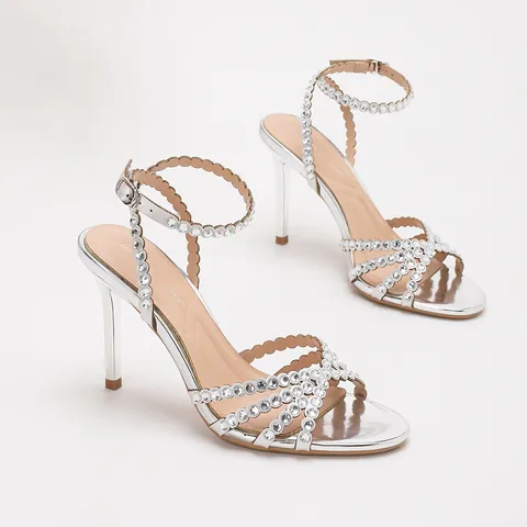 Rhinestone Stiletto Heels Patent Leather One Strap Sandals For Women Party Wedding Mirror Finish Banquet High Heel Shoes