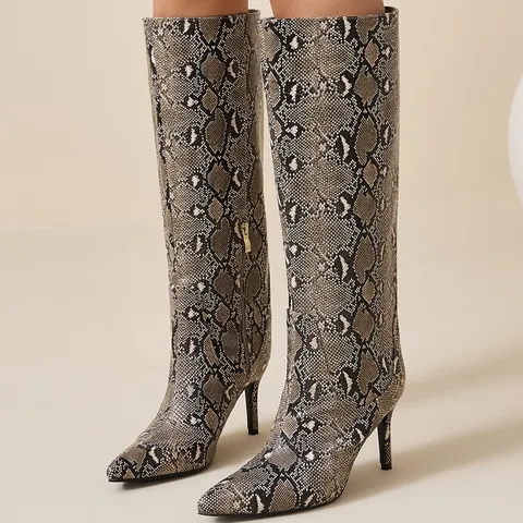 Stivali al Ginocchio da Donna con Punta e Tacco a Spillo Moda Effetto Serpente Cerniera Laterale Stivali Snellenti per Esterno