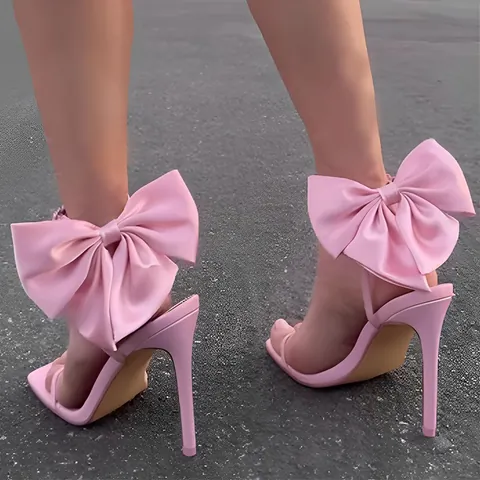 Sandales à Talons Aiguilles pour Femmes Style Européen en Satin avec Nœud Papillon Bout Carré Élégantes Chaussures de Soirée Mariage