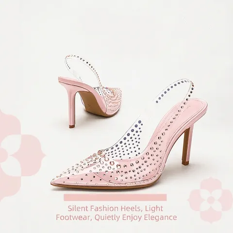 Elegant Women's Pointed Toe Slingback Sandals Satin Rhinestone Transparent PVC High Heels For Banquet Office Evening Party
