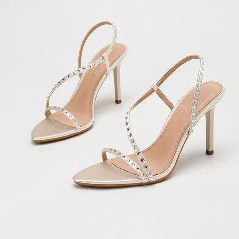 Women Elegant Satin Rhinestone High Heel Sandals Pointed Toe Stiletto One Strap Dress Shoes For Banquet Wedding Party Summer