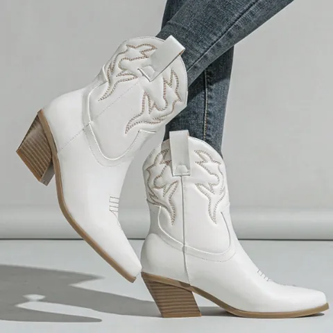 Women Western Cowboy Mid-Calf Boots Pointed Toe Embroidered Knight Boots PU Leather Chunky High Heel Side Zipper Shoes