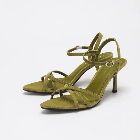 Women Velvet Stiletto Heels Open Toe Cross Strap High Heel Sandals Elegant Olive Green Sexy Commuter Office Dress Shoes