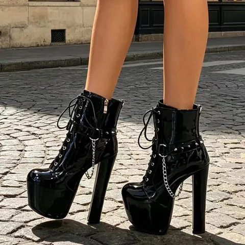 Women Patent Leather Platform Ankle Boots Dark Gothic Punk Metal Chain Studs Block High Heel Lace Up Stage Performance Shoes