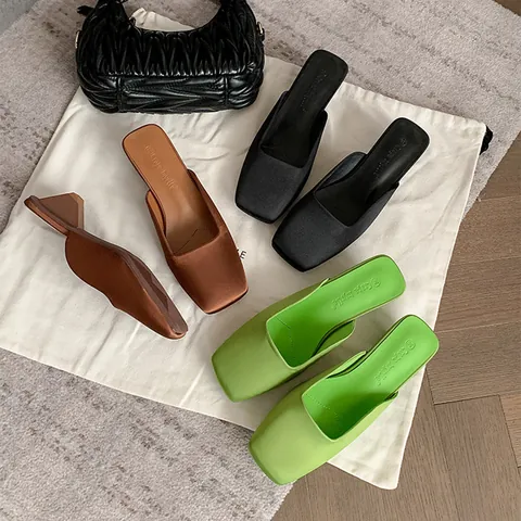 Women's Fashion Square Toe Closed Toe Block Heel Mules Elegant Satin High Heel Slippers Korean Style Comfortable Daily Shoes