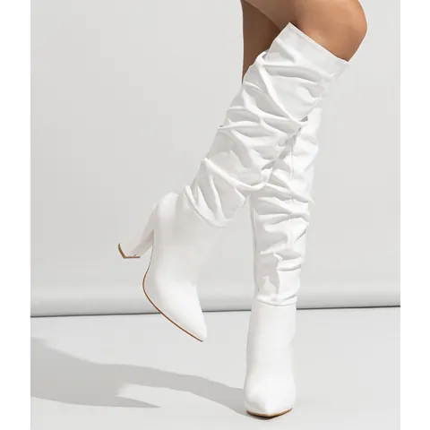 Women's European Slouchy Boots Pointed Toe Block High Heel Knee High Boots PU Leather Fashion Spring Slouchy Long Boots