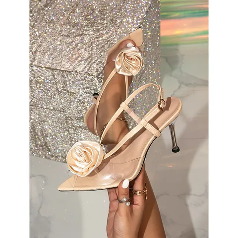 Women Pointed Toe Stiletto High Heel Sandals Elegant Transparent PVC Slingback Sandals with Large Satin Rose Flower Decor