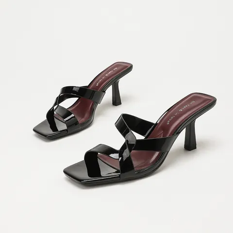 Women's Mirror Patent Leather Sandals Cross Strap Square Toe Thick High Heel Mules Elegant Versatile Summer Beach Slide Shoes