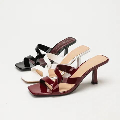 Women's Mirror Patent Leather Sandals Cross Strap Square Toe Thick High Heel Mules Elegant Versatile Summer Beach Slide Shoes
