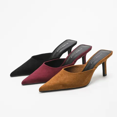 Women Pointed Toe Stiletto Heel Mules Retro Suede Fabric Backless Slip On High Heeled Sandals Elegant Commuter Party Shoes