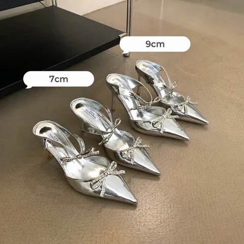 Women Fashion Silver Rhinestone Bow High Heel Sandals Pointed Toe Stiletto Slingback Wedding Party Banquet Dress Shoes