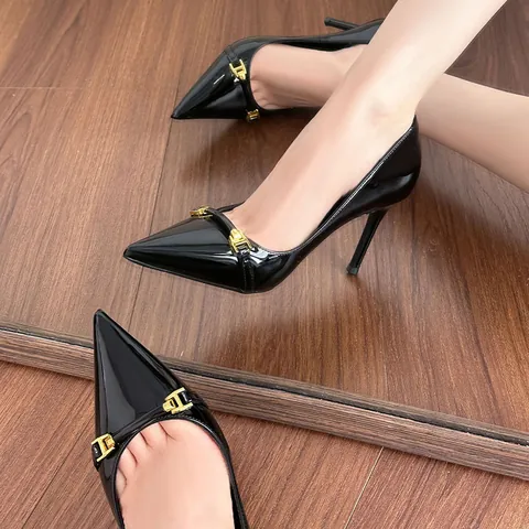 French Style Women Pointed Toe Stiletto Heels Patent Microfiber Pumps With Gold Metal Buckle Office High Heels Professional Shoes