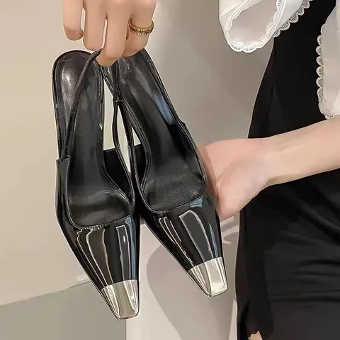 Women Sexy Patent Leather Pointed Toe Slingback Heels With Silver Metal Cap Stiletto High Heel Sandals For Daily Party