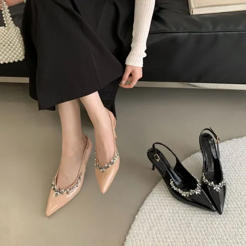Women Pointed Toe Stiletto Sandals Rhinestone PU Leather Slingback High Heels Sexy Elegant Banquet Evening Shoes