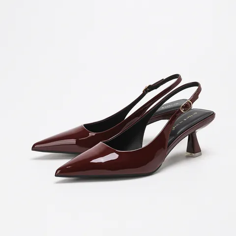 Women French Style Mirror Patent Leather Pointed Toe Slingback Pumps Low Chunky Heel Versatile Commuting Single Shoes