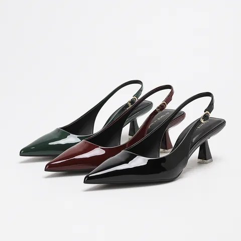 Women French Style Mirror Patent Leather Pointed Toe Slingback Pumps Low Chunky Heel Versatile Commuting Single Shoes