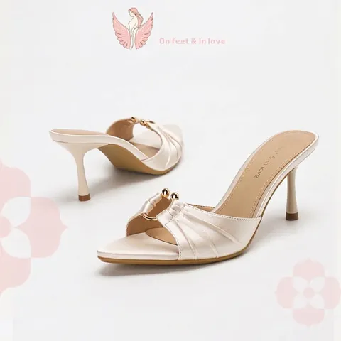 Women Pointed Toe Stiletto Heel Satin Mules Elegant Pleated Slide Sandals With Metal Bead Office Party High Heel Slippers