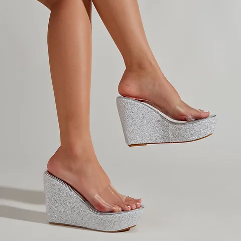 Dames Mode Transparant PVC Sandalen met Keilhak Glitter Platform Mules Hoge Hak Feest Bruiloft Zomer Schoenen Strass Keil Mules