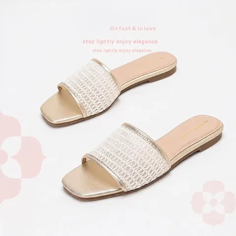 Women Square Toe Flat Slide Slippers Breathable Triangle Mesh PU Leather Commuter Casual Versatile Summer Beach Outdoor Sandals