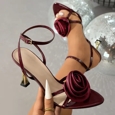 Women Satin Rose Stiletto Sandals Elegant 3D Flower Ankle Strap High Heels Gold Metallic Heel Party Wedding Banquet Sandals
