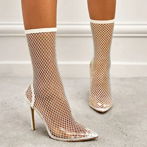 Women Rhinestone Mesh Ankle Boots Pointed Toe Stiletto High Heels Hollow Out Breathable Fashion Dress Party Booties Shoes