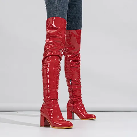 Women's Fashion Mirror Patent Leather Over-The-Knee Boots Round Toe Block High Heel Side Zipper Slouchy Boots For Party Clubwear