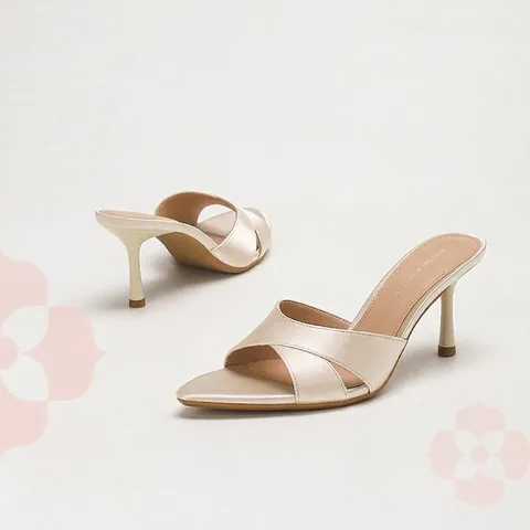 Women Pointed Toe Satin Mules Elegant Crisscross Straps Stiletto High Heels Summer Silent Slides Banquet Party Dress Sandals