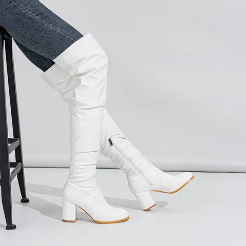 Women's Fashion Mirror Patent Leather Over-The-Knee Boots Round Toe Block High Heel Side Zipper Slouchy Boots For Party Clubwear